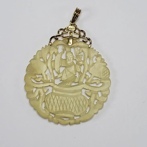 Honora 18k Yellow Gold Carved Chinese Jade Jadeite Pendant Amulet Vintage - Picture 3 of 14